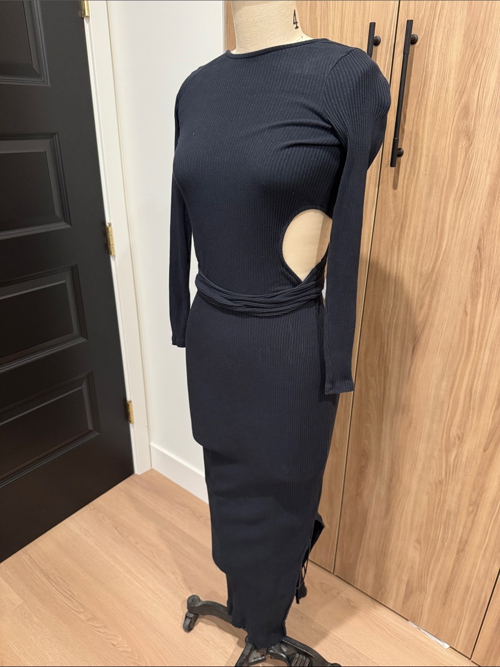 Free People Black Long-Sleeve Ribbed Cutout Midi Dress
